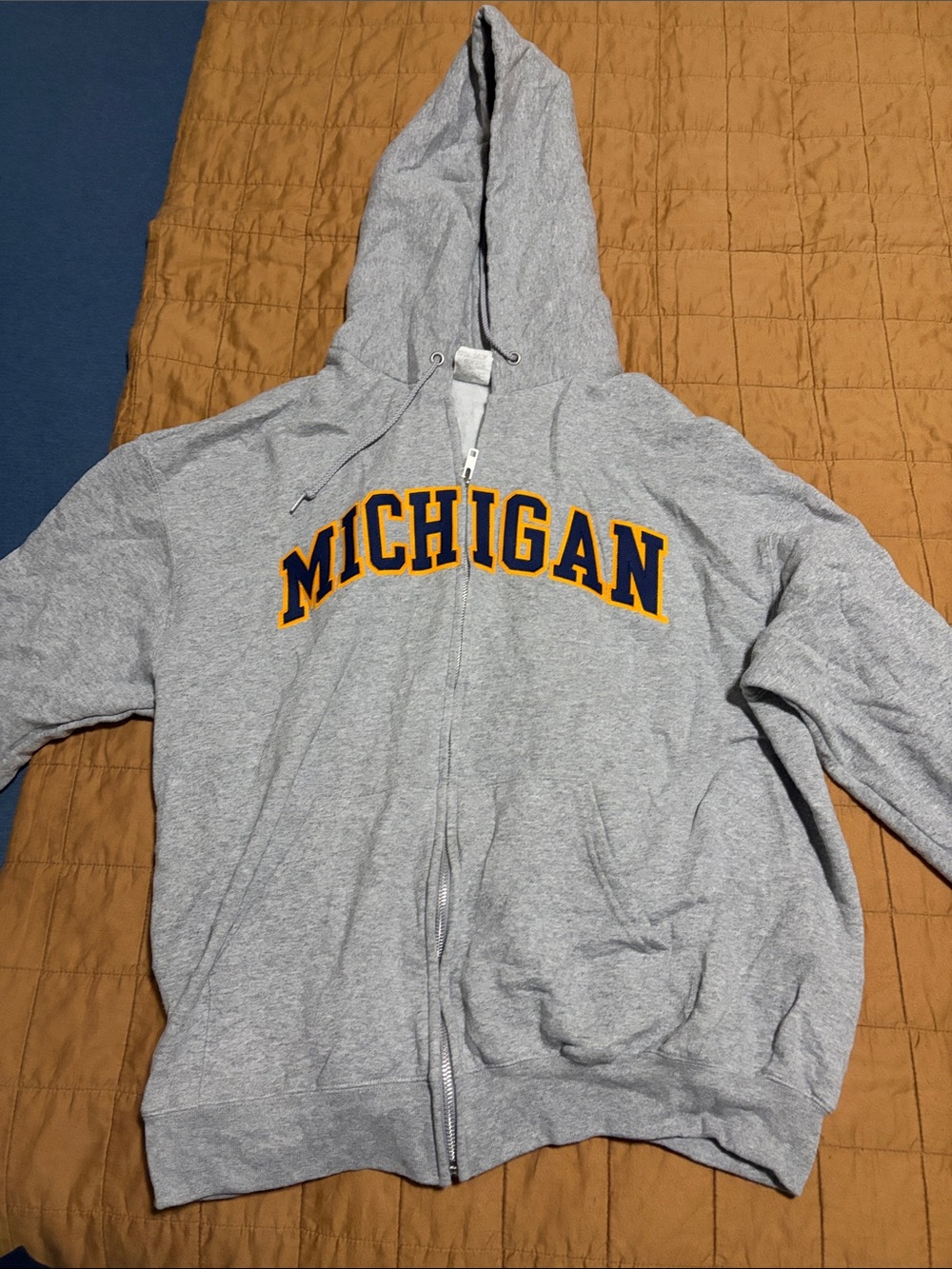 Champion Gray Hooded Zip-Up Jacket with Yellow & Navy Michigan Logo